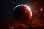 Moon, space or planets with surface landscape in night universe, galaxy or solar system in armageddon. Ai generated, background or futuristic cosmos in orbit, dark sky or astronomy atmosphere