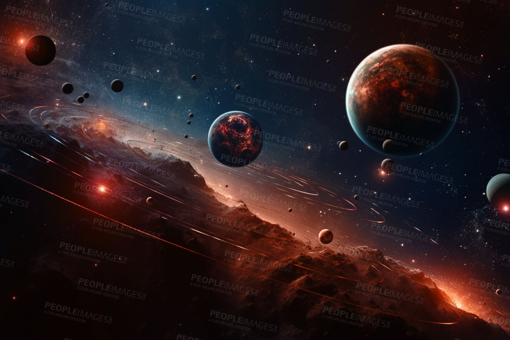 Buy stock photo Space, planets and armageddon in solar system, universe and galaxy with neptune, mars and pluto. Ai generated, background and futuristic cosmos in night orbit, dark sky and astronomy atmosphere