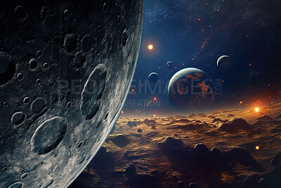 Buy stock photo Closeup moon, space or planets in night universe, galaxy or solar system with armageddon earth, mars or pluto. Ai generated, background or futuristic cosmos in orbit, dark sky or astronomy atmosphere