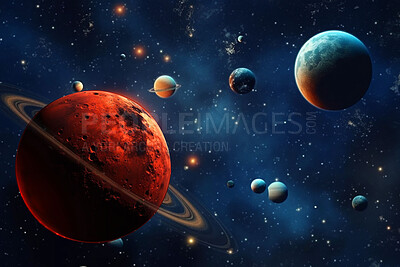 Buy stock photo Space, planets and armageddon in universe, galaxy and solar system with jupiter, mars and pluto. Ai generated, background and futuristic cosmos in night orbit, dark sky and astronomy atmosphere