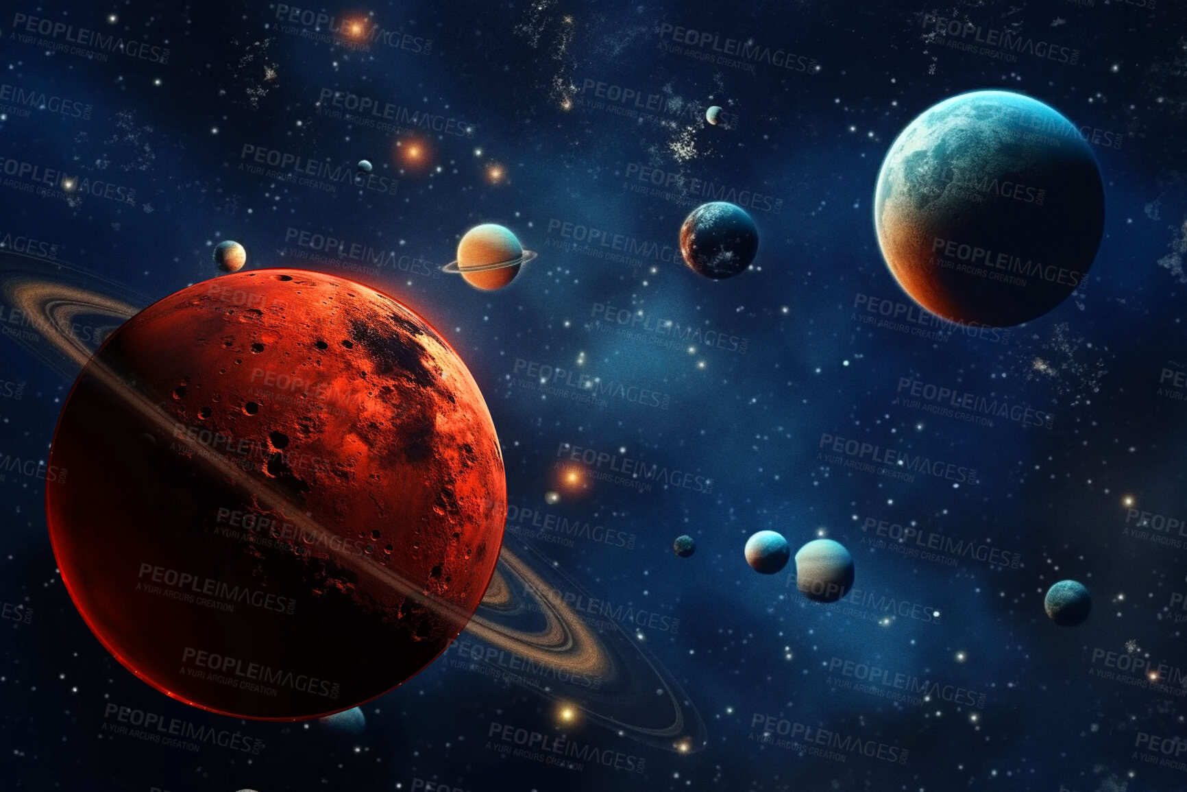 Buy stock photo Space, planets and armageddon in universe, galaxy and solar system with jupiter, mars and pluto. Ai generated, background and futuristic cosmos in night orbit, dark sky and astronomy atmosphere