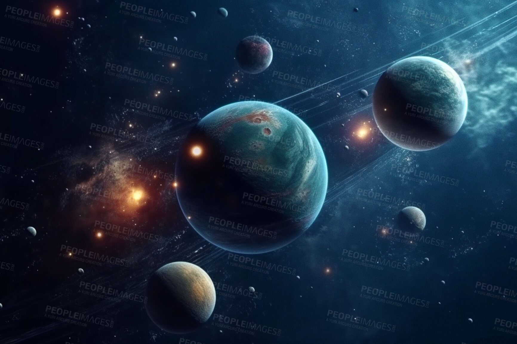 Buy stock photo Space, planets and night in solar system, universe and galaxy with jupiter, mars and pluto science. Ai generated, background and futuristic cosmos in dark orbit, dark sky and astronomy atmosphere