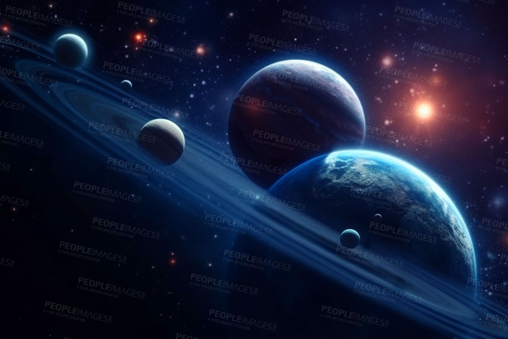 Buy stock photo Space, planets and night in galaxy, solar system and universe with jupiter, mars and pluto science. Ai generated, background and futuristic cosmos in dark orbit, dark sky and astronomy atmosphere