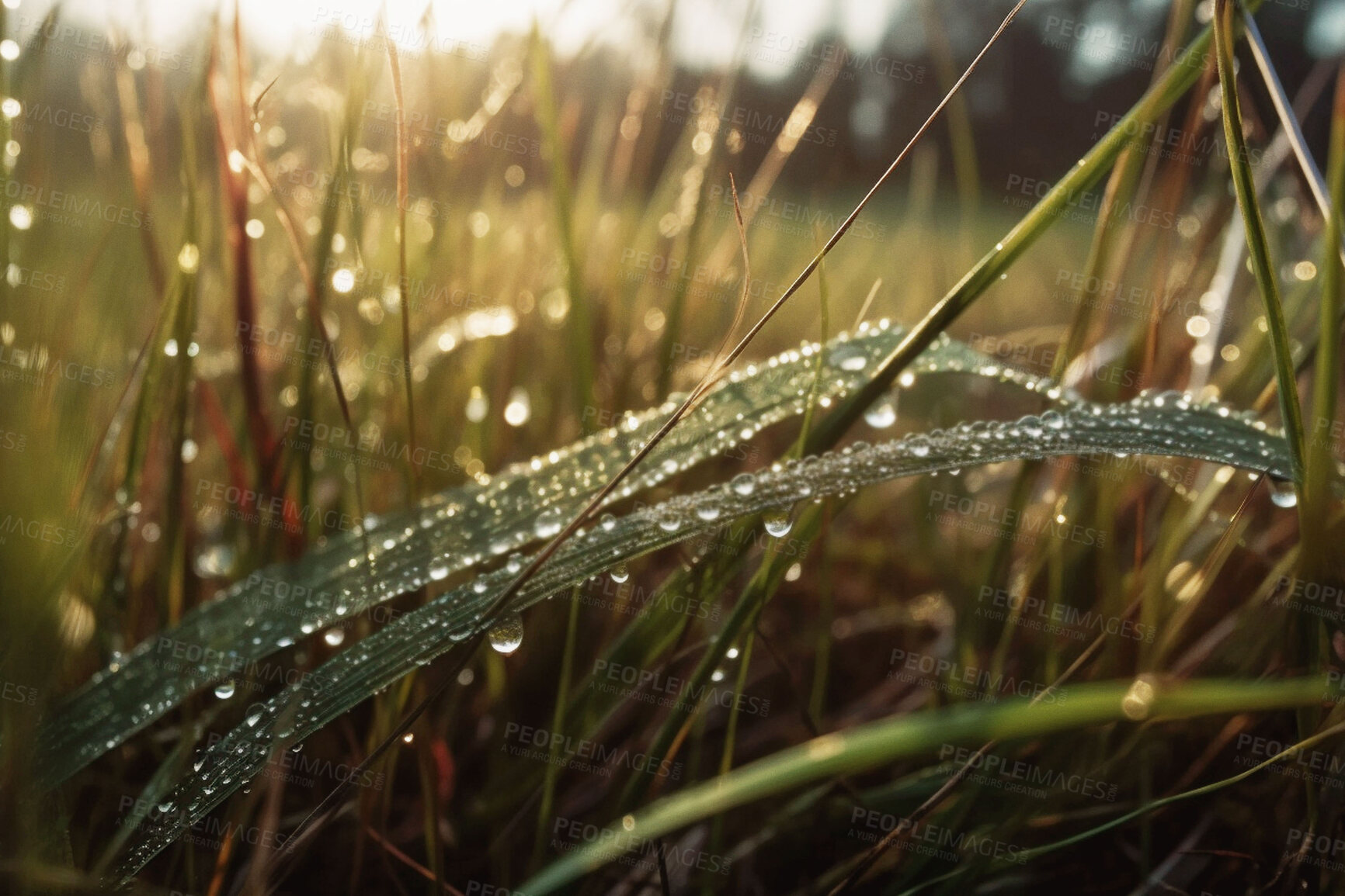Buy stock photo Nature, rain and morning with grass in forest ground for dew drop, green environment and sustainability. Ai generated, condensation and closeup of water on plant for ecology, growth and summer