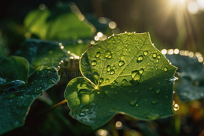 Nature, rain and dew drop with leaf in forest for morning, green environment and sustainability. Ai generated, condensation and closeup of water on garden plant for ecology, growth and summer