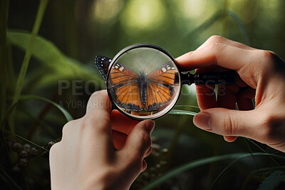 Hand, magnifying glass and monarch butterfly on green leaf plant for science research, study or entomology in garden. Ai generated person, bugs or flying insects with magnifier for nature inspection
