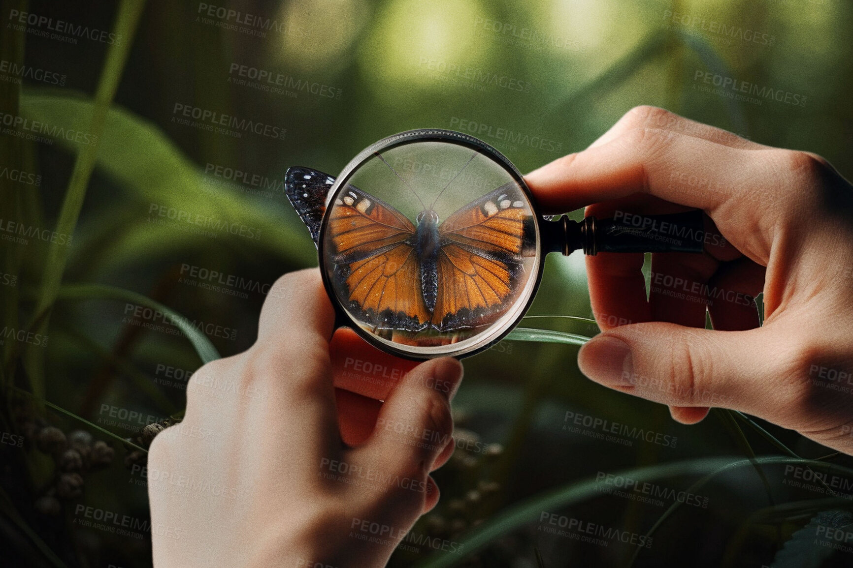 Buy stock photo Hand, magnifying glass and monarch butterfly on green leaf plant for science research, study or entomology in garden. Ai generated person, bugs or flying insects with magnifier for nature inspection