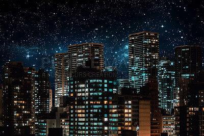 Night, milky way and stars in dark sky in town for stargazing, astrophotography and starlight view. Ai generated city, urban and architecture buildings in late evening light with galaxy constellation