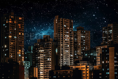 Night, milky way and stars in dark sky in city for stargazing, astrophotography and starlight view. Ai generated town, urban and architecture buildings in late evening light with galaxy constellation