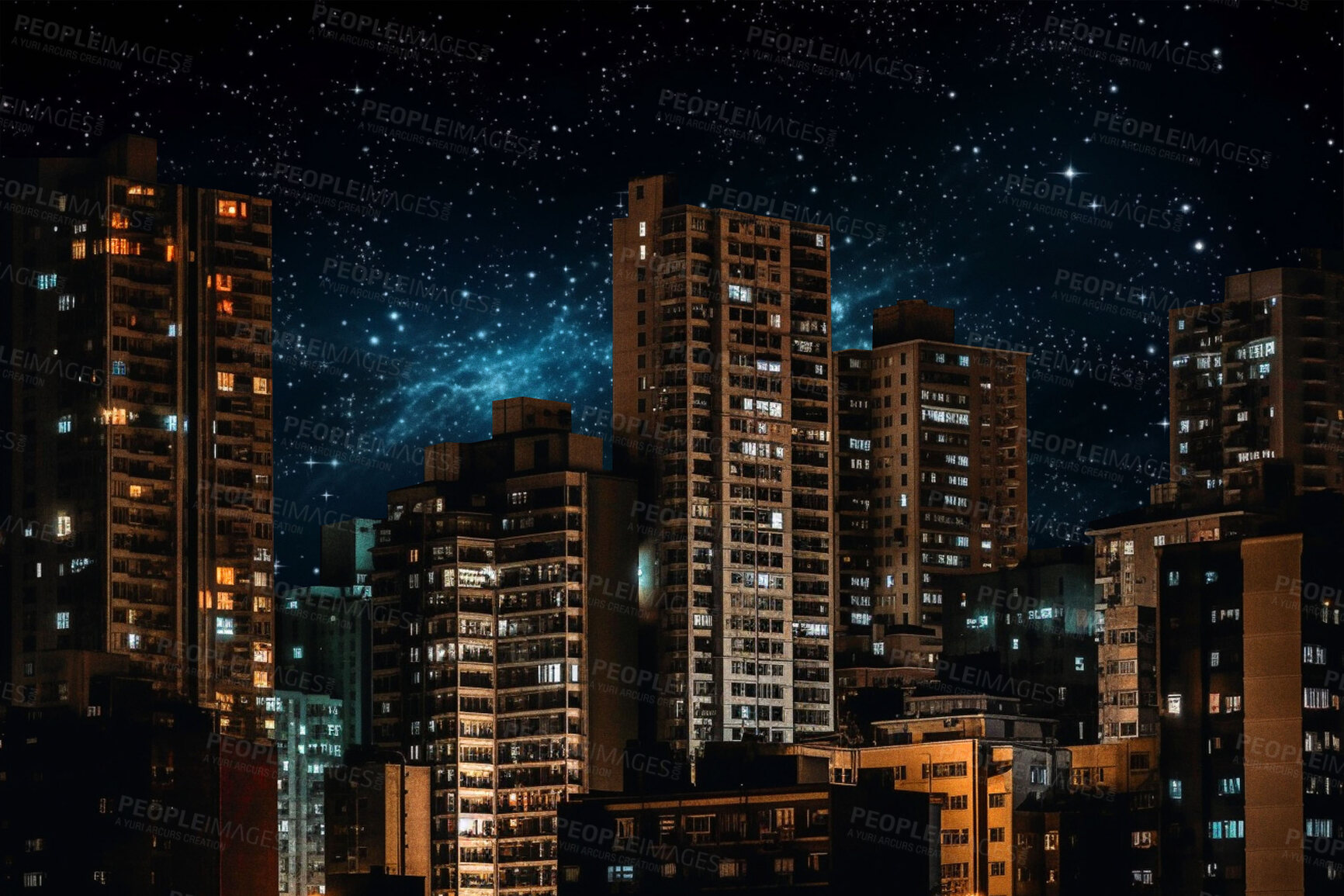 Buy stock photo Night, milky way and stars in dark sky in city for stargazing, astrophotography and starlight view. Ai generated town, urban and architecture buildings in late evening light with galaxy constellation