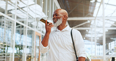 Phone call, voice note and memo with a black man in an airport, walking while abroad for travel. Phone, conversation and communication with a senior male enjoying a tourism adventure in retirement