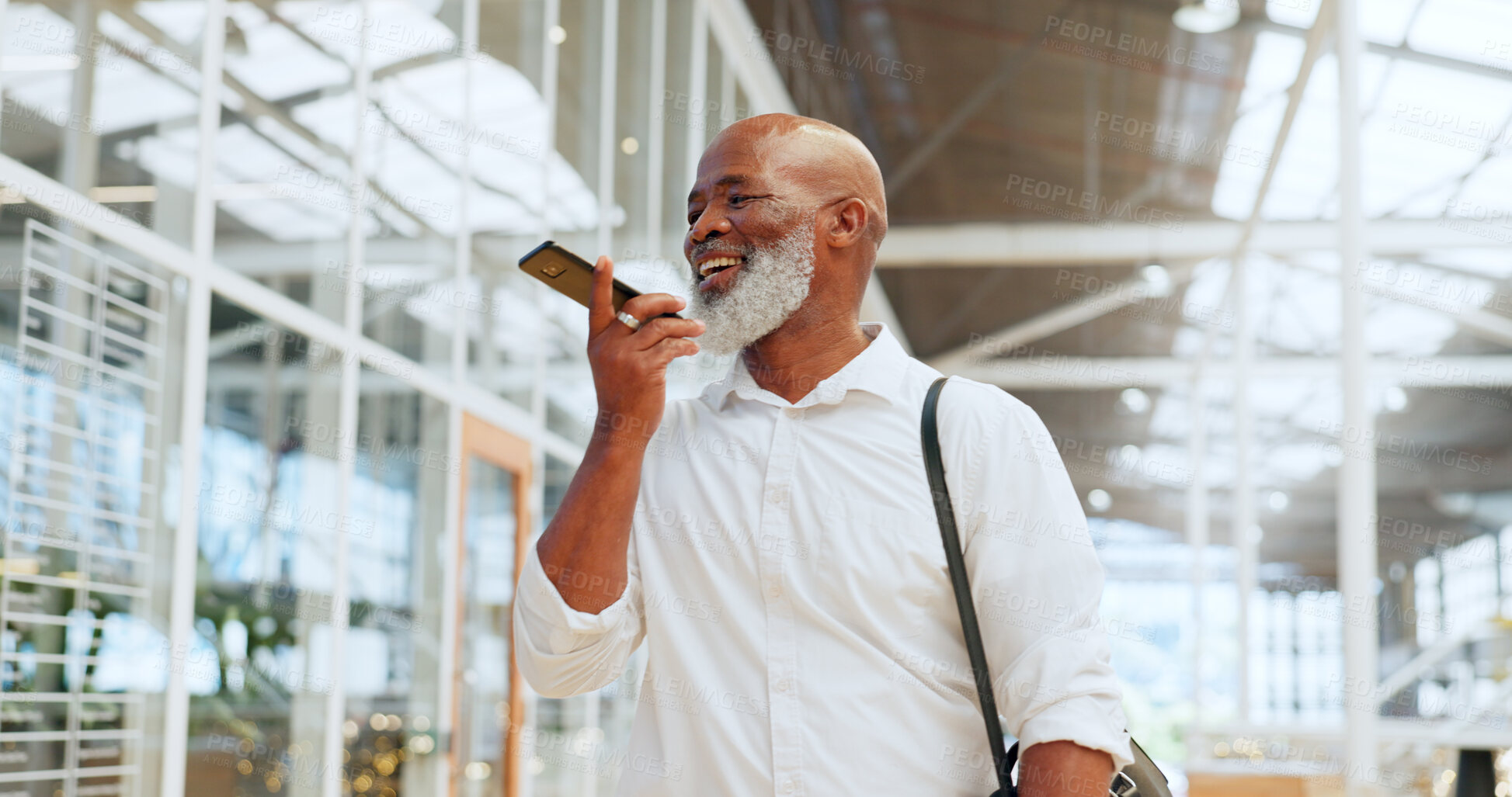 Buy stock photo Phone call, voice note and memo with a black man in an airport, walking while abroad for travel. Phone, conversation and communication with a senior male enjoying a tourism adventure in retirement