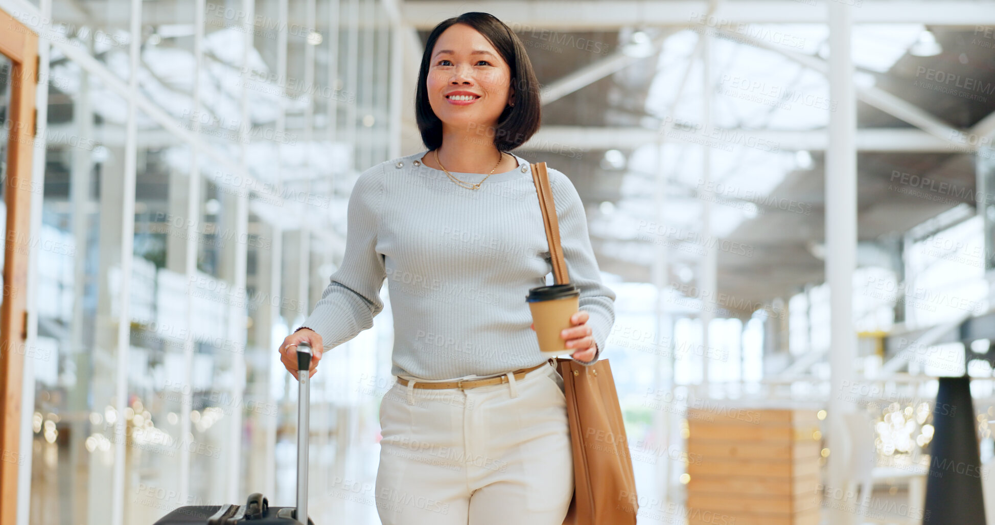 Buy stock photo Asian businesswoman, suitcase or travel at airport with smile, walking or excited on business trip. Corporate woman, career and luggage for international, overseas or global job in investment agency