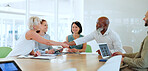 Handshake, meeting and partnership with a business team in an office boardroom for deal or agreement. Thank you, collaboration and diversity with a male and female employee shaking hands at work