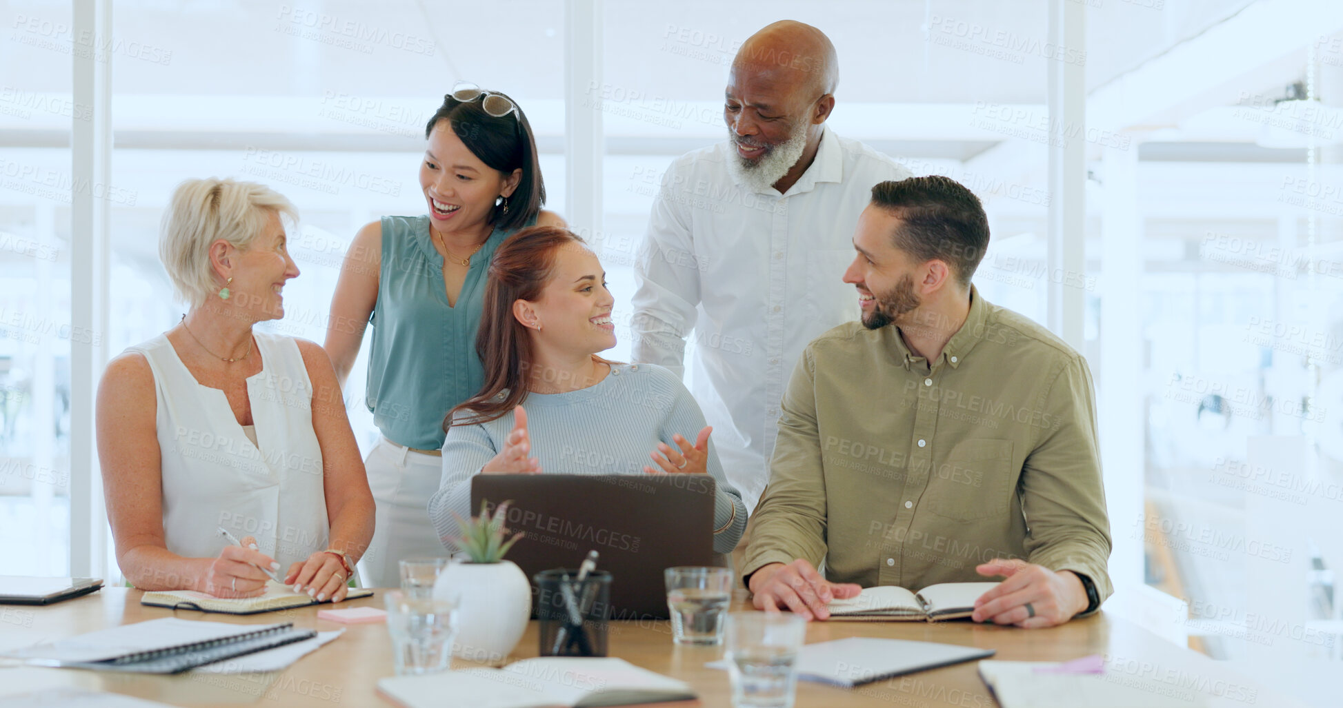 Buy stock photo Teamwork, collaboration and diversity at laptop presentation in office of marketing, advertising and design company. Group idea, brainstorming strategy and team working together on a creative project