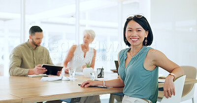 Portrait, happy or woman in a meeting planning a branding, advertising or marketing strategy with business people. Partnership, face or Japanese worker smiles with pride after a successful project