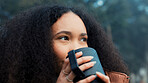 Thinking, nature and a woman with coffee on vacation, relax and camping in the woods. Calm, idea and a young girl drinking tea in the morning in a forest during a holiday in winter for travel