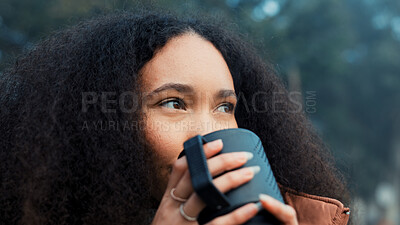 Thinking, nature and a woman with coffee on vacation, relax and camping in the woods. Calm, idea and a young girl drinking tea in the morning in a forest during a holiday in winter for travel