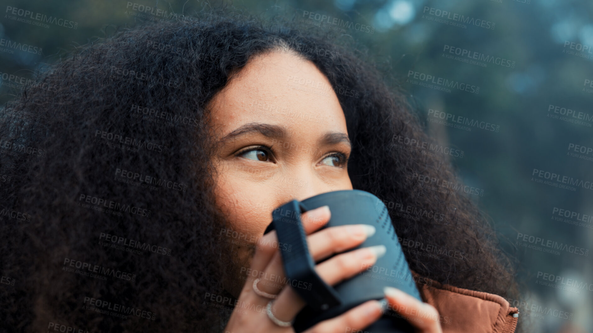 Buy stock photo Woman, coffee and thinking, meditation outdoor with fresh air while camping and calm in the woods. Travel, adventure and tea cup with wellness, peace in winter with holiday and mindfulness in nature