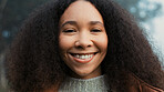 Portrait, face and a happy woman outdoor in nature to relax and breathe fresh air. Vacation, calm woods and closeup of a young african girl on holiday or hike on misty morning with a confident smile