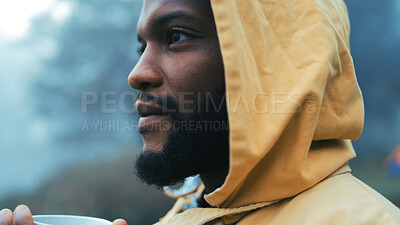 Buy stock photo Black man, thinking and outdoor with camping or hiking, fresh air and mindfulness in nature with coffee. Winter, travel and adventure with wellness, peace and calm, future and explore environment