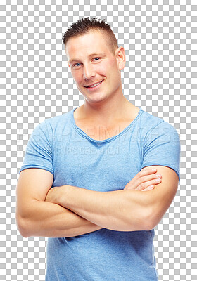 Buy stock photo Fashion, confident and portrait of happy man with style on png, isolated and transparent background. Handsome, crossed arms and male person smile, relax in casual clothes, modern outfit and tshirt