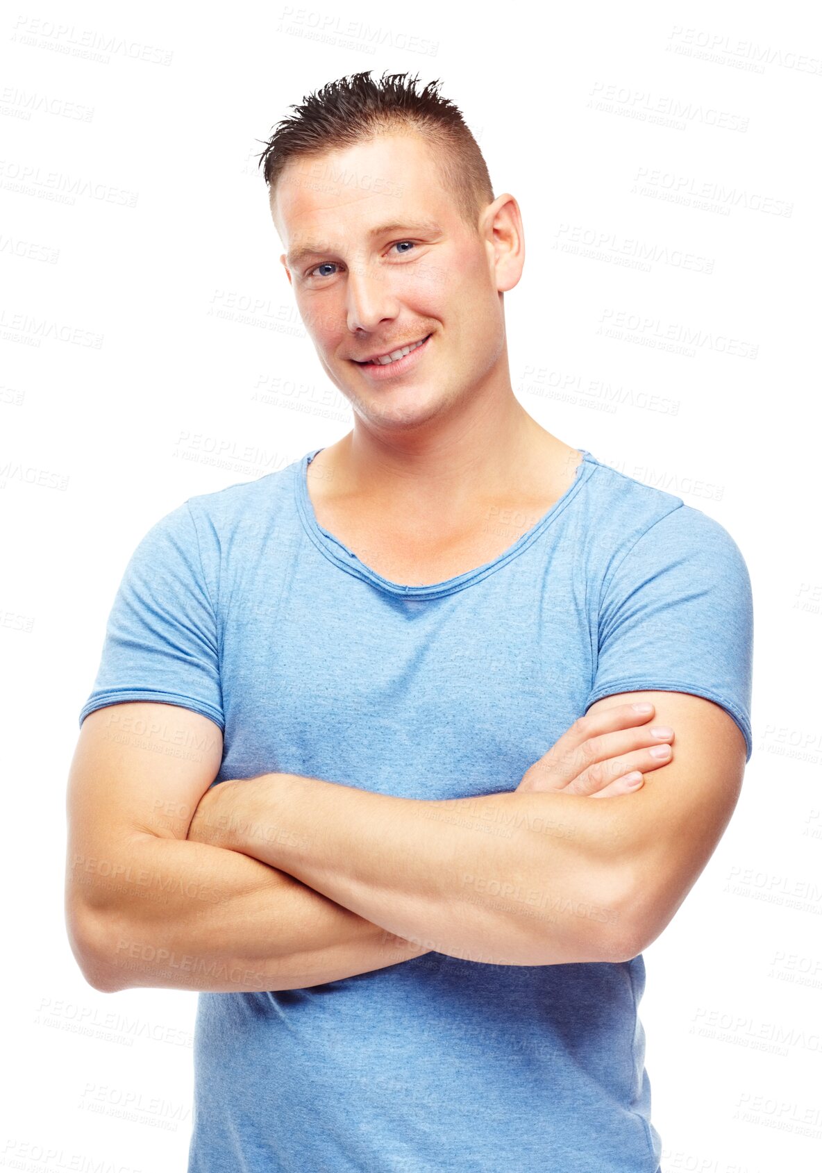 Buy stock photo Fashion, confident and portrait of happy man with style on png, isolated and transparent background. Handsome, crossed arms and male person smile, relax in casual clothes, modern outfit and tshirt