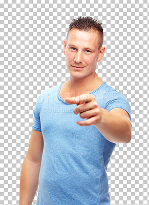 Buy stock photo Portrait, man and pointing at the camera, decision or you with hand with fashion or clothes on isolated, transparent or png background. Casual, confidence and smile on face for choice or advertising