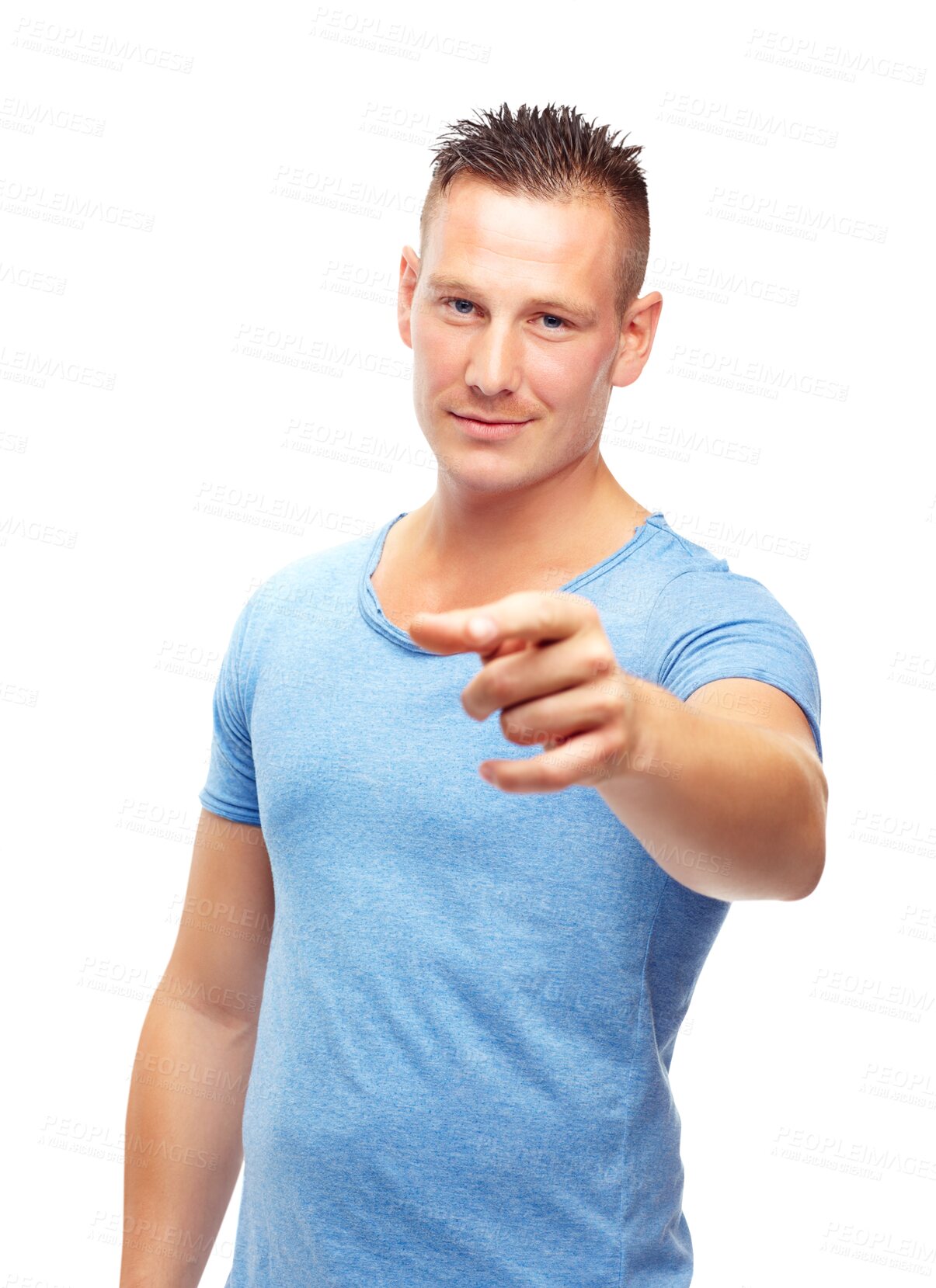 Buy stock photo Portrait, man and pointing at the camera, decision or you with hand with fashion or clothes on isolated, transparent or png background. Casual, confidence and smile on face for choice or advertising