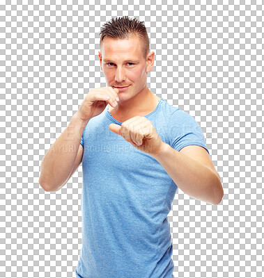 Buy stock photo Isolated man, boxing and fist in portrait for fight training, workout and fitness by transparent png background. Boxer, athlete and guard for conflict, sports or contest with exercise for wellness