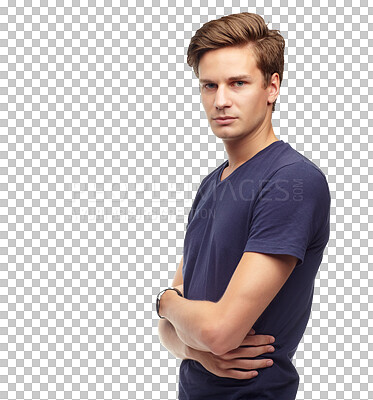 Buy stock photo Fashion, serious and portrait of man with crossed arms on png, isolated and transparent background. Handsome, confidence and male person from Canada with casual clothes, stylish outfit and style