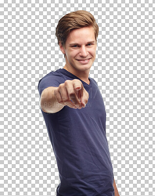 Buy stock photo Happy pointing and portrait of a man with you gesture and decision with confidence. Selection, recruitment and person with smile from choice and agreement isolated on a transparent, png background