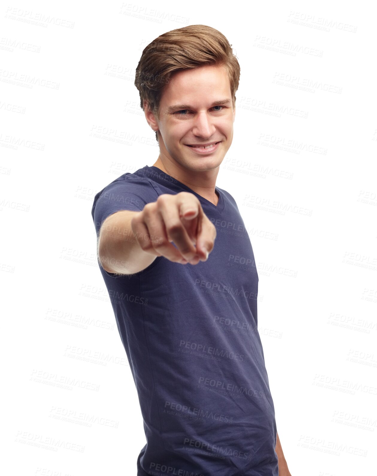 Buy stock photo Happy pointing and portrait of a man with you gesture and decision with confidence. Selection, recruitment and person with smile from choice and agreement isolated on a transparent, png background