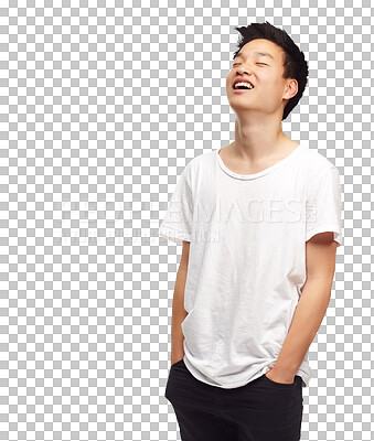 Buy stock photo Laughing, happy teenager and Asian male person hearing funny, comedy or comic joke. Happiness, smile and young gen z man with casual, trendy and cool fashion isolated by a transparent png background.