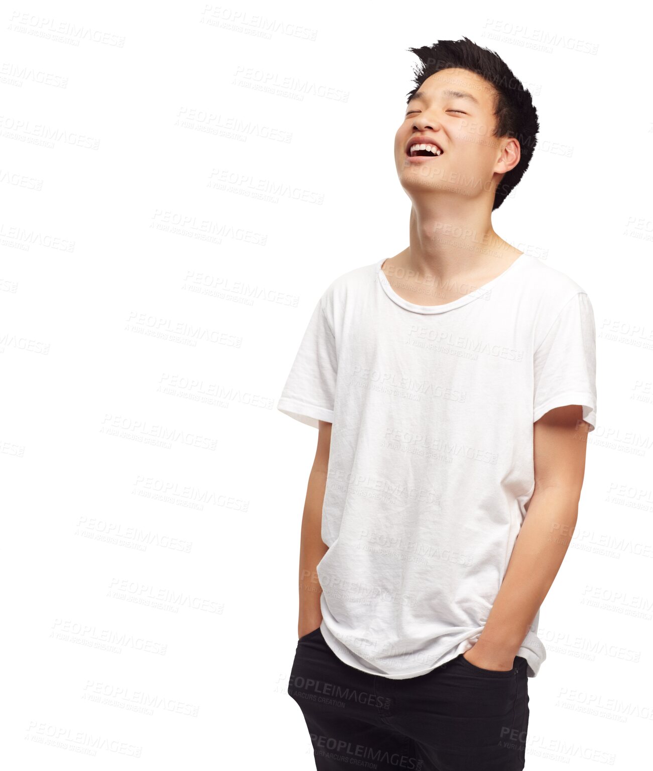 Buy stock photo Laughing, happy teenager and Asian male person hearing funny, comedy or comic joke. Happiness, smile and young gen z man with casual, trendy and cool fashion isolated by a transparent png background.