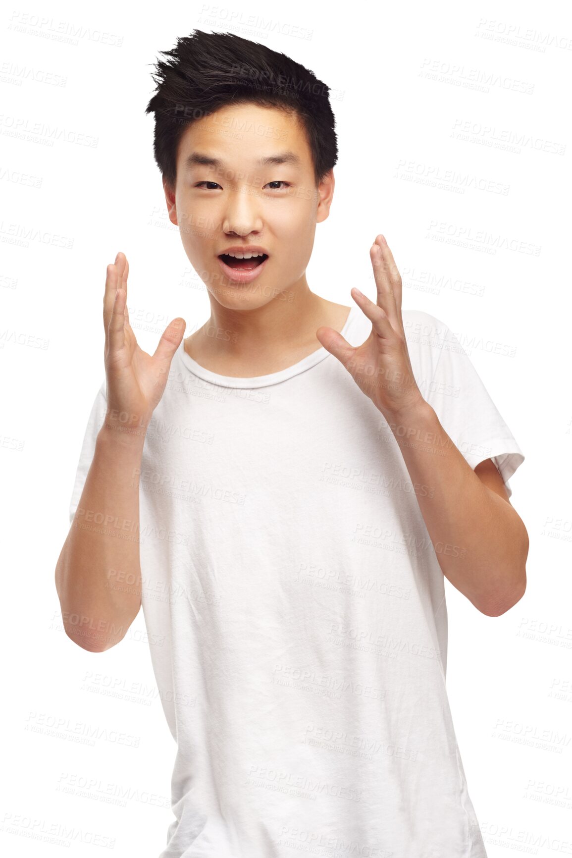 Buy stock photo Asian, man and portrait with surprise, shock or wow reaction to announcement of deal on isolated, transparent or png background. Shocked, face and promotion of fashion discount, sale or good news