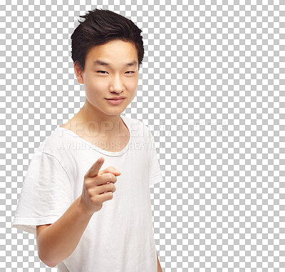 Buy stock photo Pointing, marketing and portrait of an Asian teenager standing for promotion or advertising. Smile, young and face of male model with a warning finger gesture isolated by a transparent png background