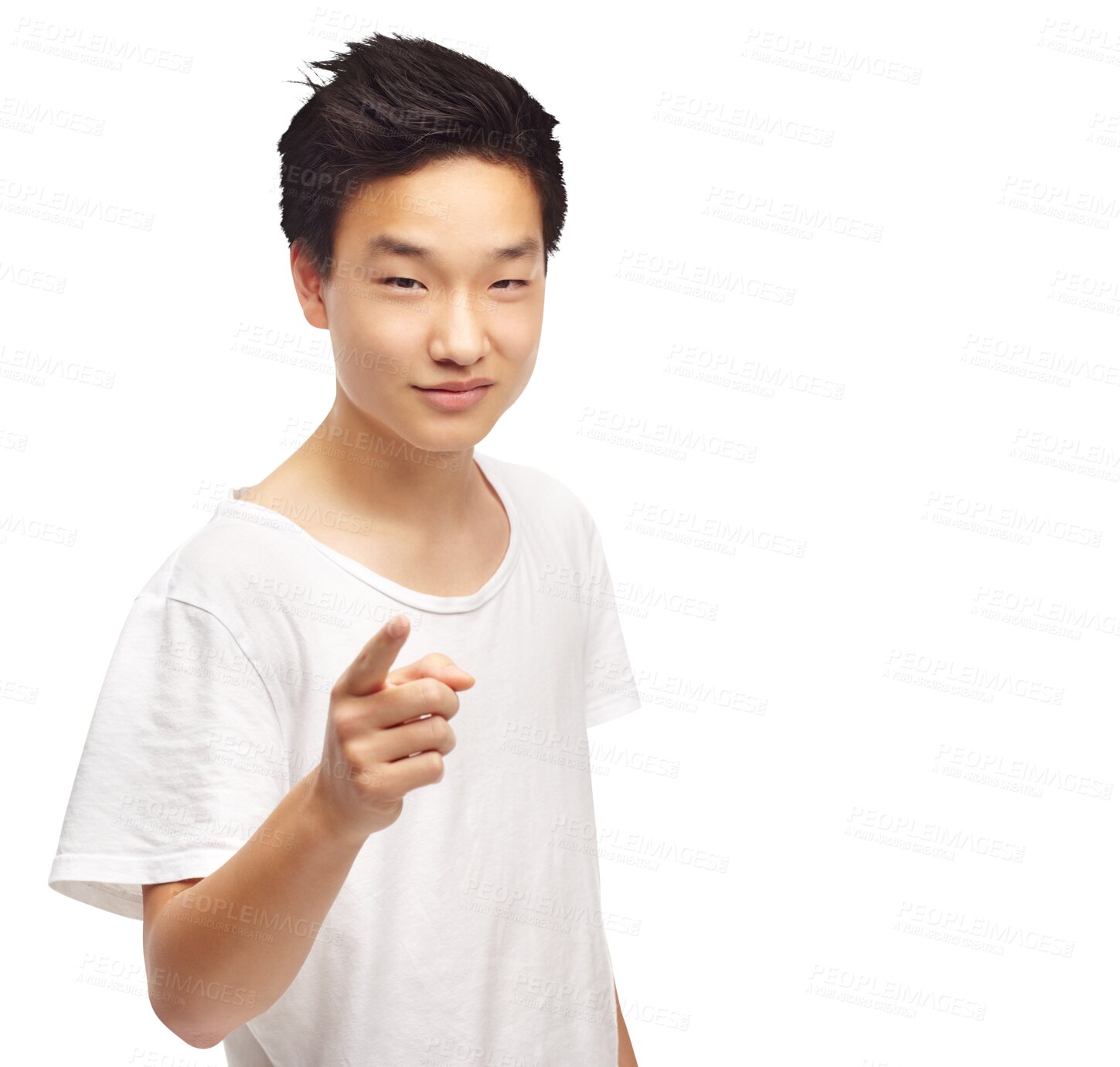 Buy stock photo Pointing, marketing and portrait of an Asian teenager standing for promotion or advertising. Smile, young and face of male model with a warning finger gesture isolated by a transparent png background