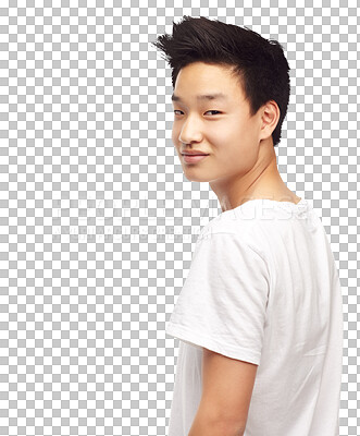 Buy stock photo Portrait, young and happy man in t shirt for college, university or education isolated on a transparent, png background. Face of student, teenager model or asian person in casual clothes for school 