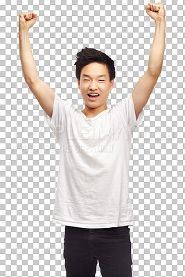 Buy stock photo Yes, winning and portrait with Asian man with youth and achievement or motivation. Winner, excited and male teenager with victory, success or win with a smile isolated by transparent png background.