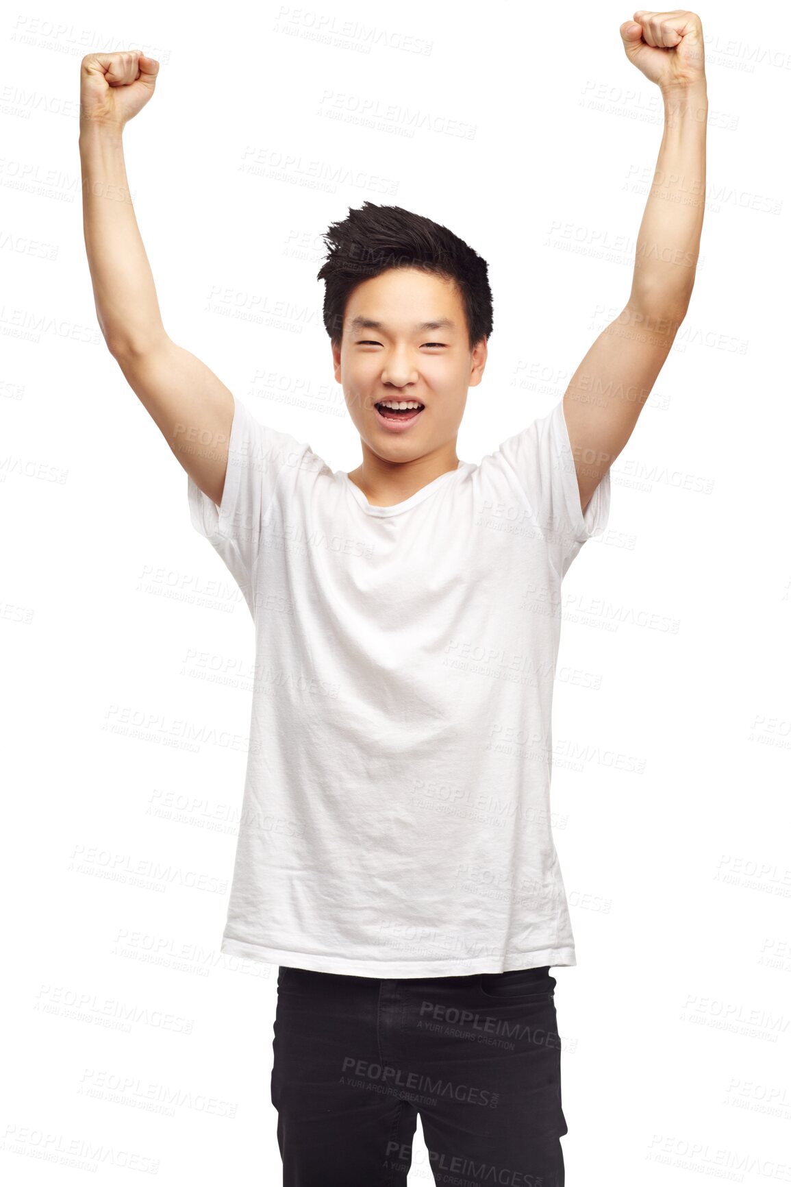 Buy stock photo Yes, winning and portrait with Asian man with youth and achievement or motivation. Winner, excited and male teenager with victory, success or win with a smile isolated by transparent png background.