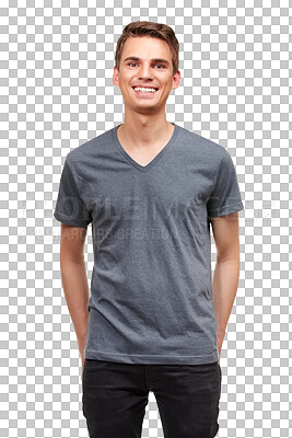 Buy stock photo Fashion, happy and portrait of handsome man with style on png, isolated and transparent background. Confidence, attractive and male person smile, relax in casual clothes, modern outfit and tshirt