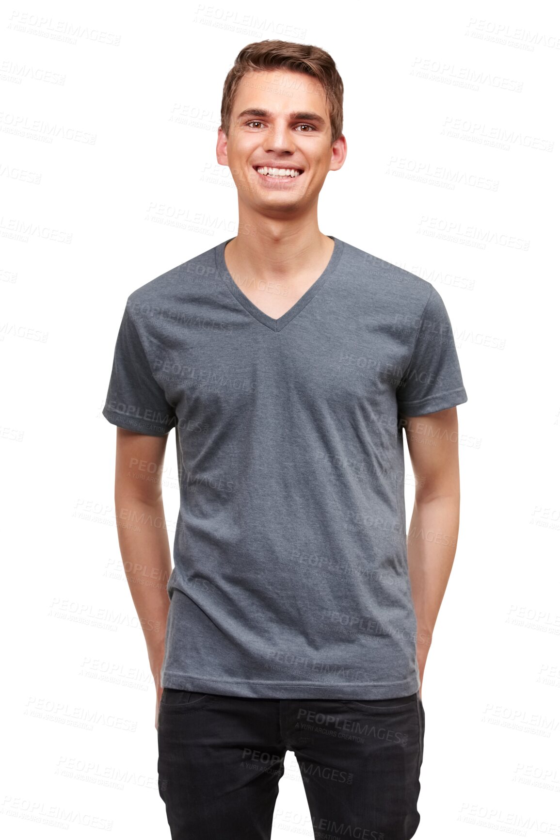 Buy stock photo Fashion, happy and portrait of handsome man with style on png, isolated and transparent background. Confidence, attractive and male person smile, relax in casual clothes, modern outfit and tshirt