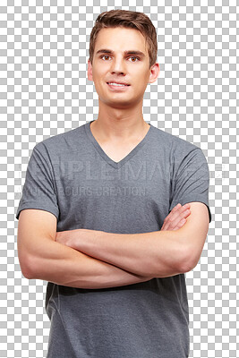 Buy stock photo Fashion, confident and portrait of man with smile on png, isolated and transparent background. Handsome, crossed arms and young male person in gray tshirt for casual clothes, modern outfit and style