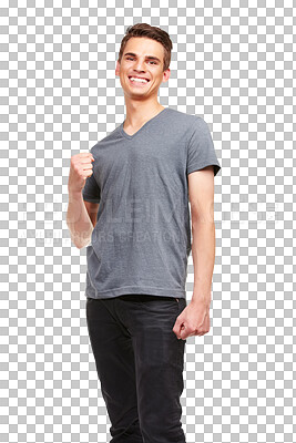 Buy stock photo Success, smile and fist pump with portrait of man on png for winner, celebration and achievement. Yes, bonus and reward with person isolated on transparent background for excited, wow and news