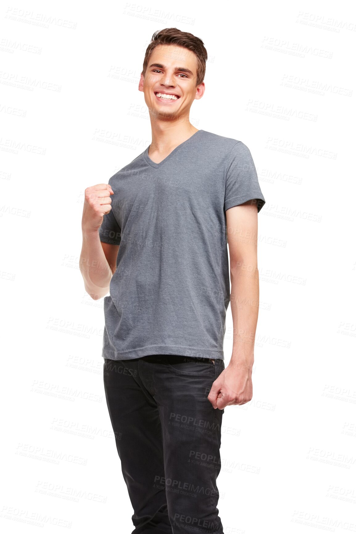 Buy stock photo Success, smile and fist pump with portrait of man on png for winner, celebration and achievement. Yes, bonus and reward with person isolated on transparent background for excited, wow and news