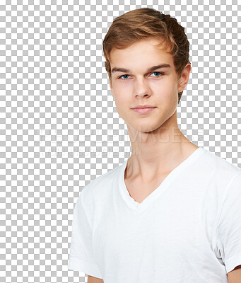 Buy stock photo Fashion, style and portrait of young man with confidence, attractive student and isolated on transparent png background. Youth, pride and face of male person with trendy casual clothes for university