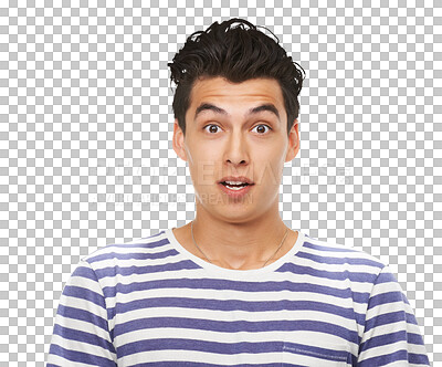 Buy stock photo Shock, man and portrait with surprise, casual clothing and style isolated on transparent, png background. Male person, omg face and wow deal with gen z fashion and trendy with young model from Spain