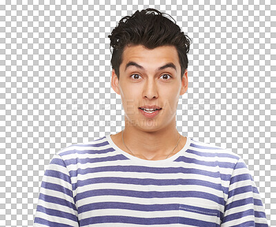 Buy stock photo Shocked, man and portrait with deal, casual clothing and style isolated on transparent, png background. Male person, face and wow with gen z fashion and trendy aesthetic with young adult from Spain