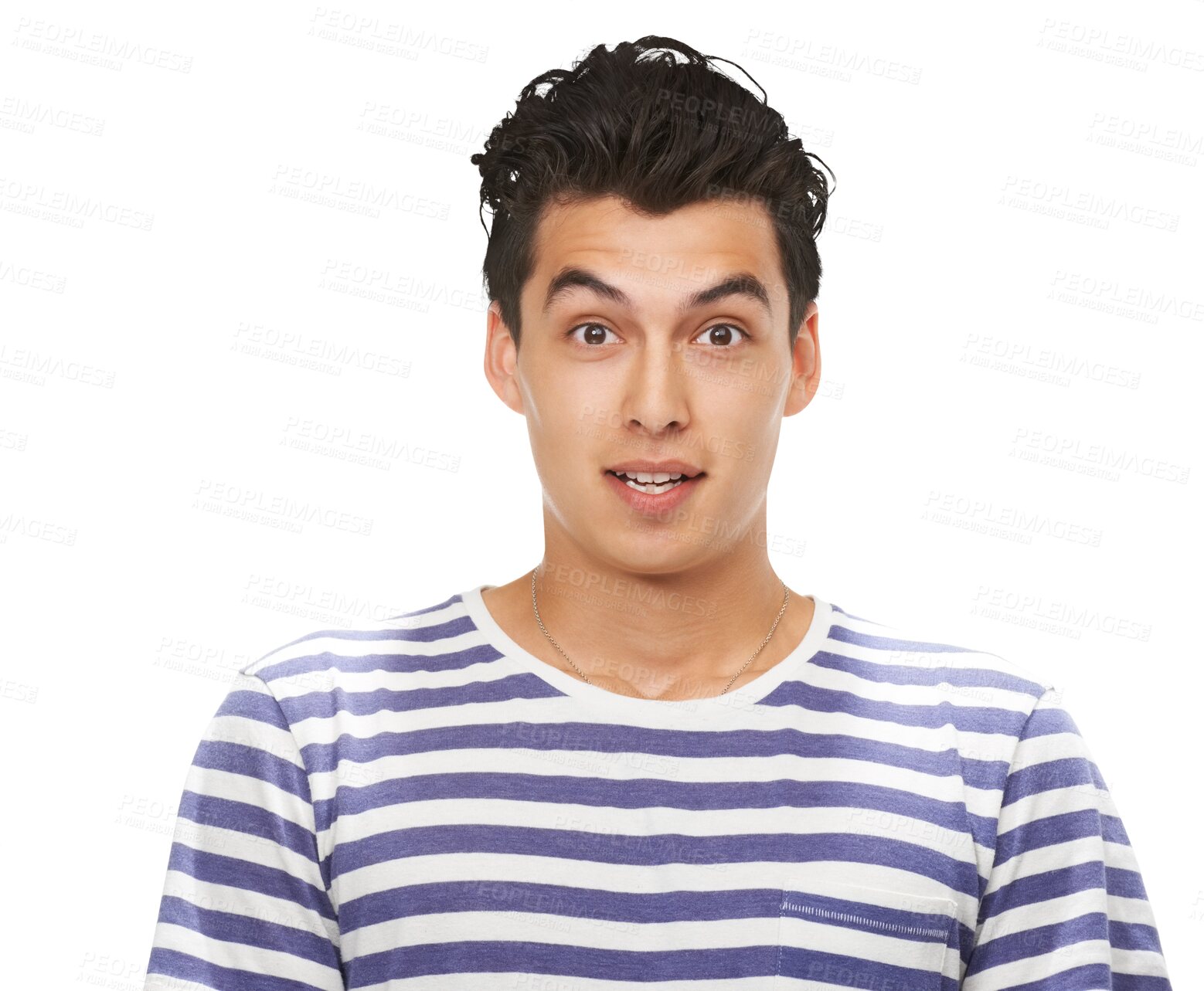 Buy stock photo Shocked, man and portrait with deal, casual clothing and style isolated on transparent, png background. Male person, face and wow with gen z fashion and trendy aesthetic with young adult from Spain